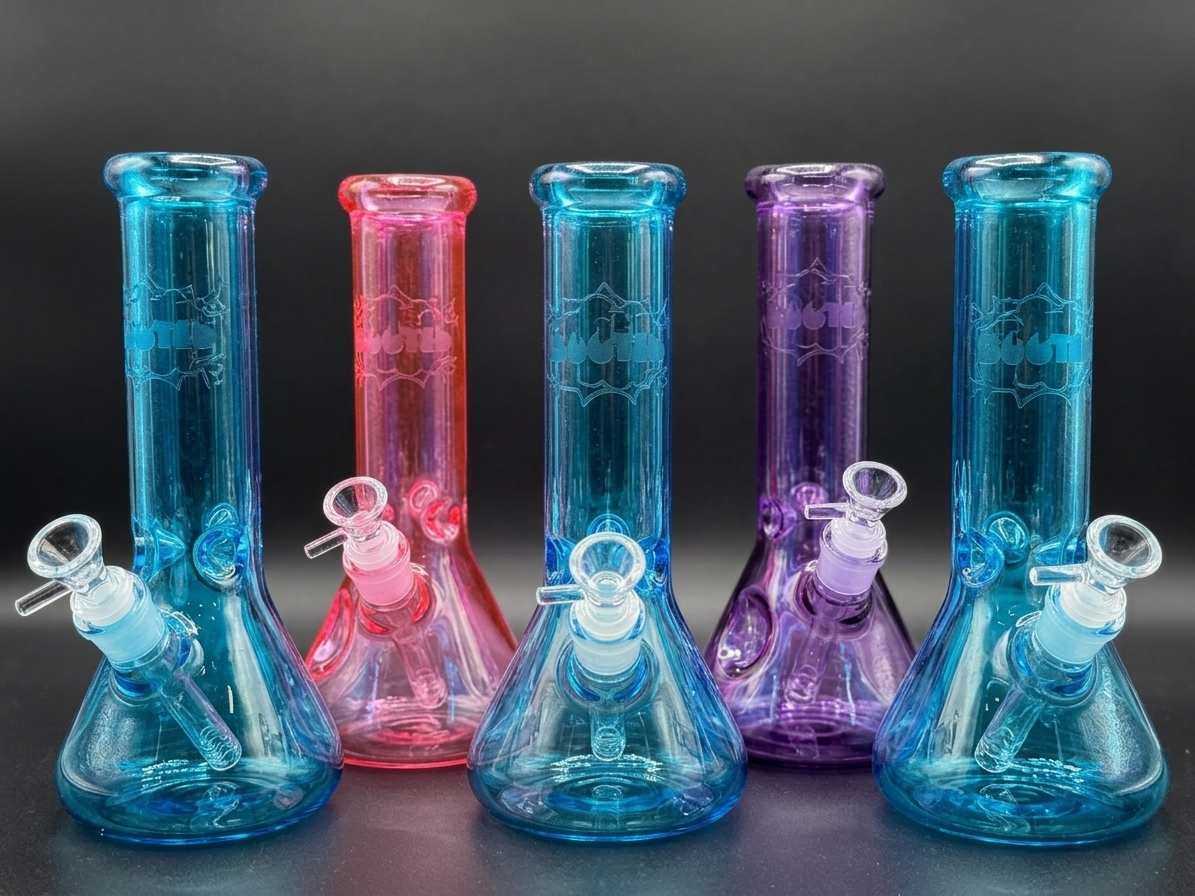 Row of colored blown-glass waterpipes at Cloud Smoke Shop